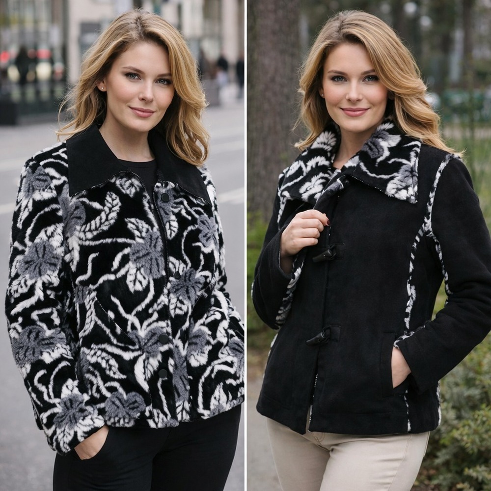Two-Way: Linda Lundström Chic Reversible Floral Faux Fur Toggle Jacket ~ Size 6